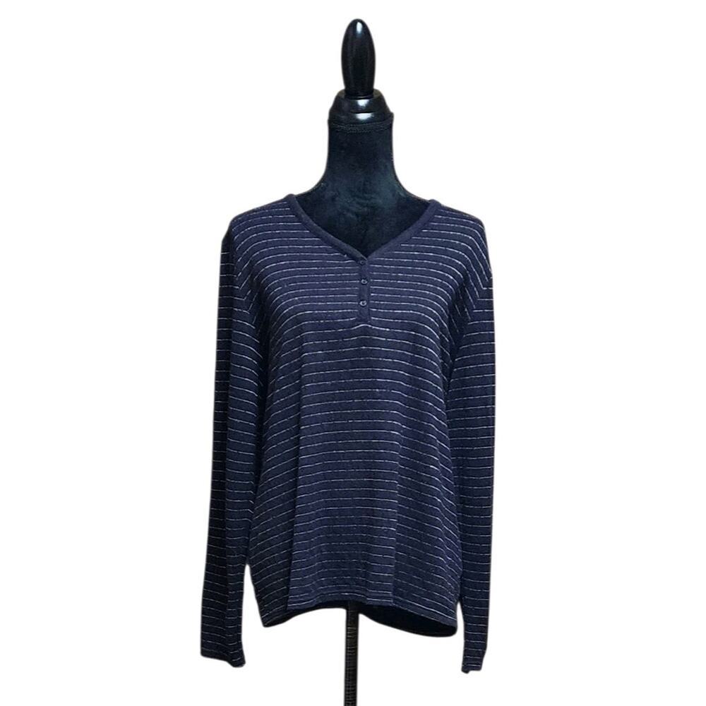 Croft & Barrow Size XL Henley Popover Cotton Long Sleeve Black Stripe Pajama Top